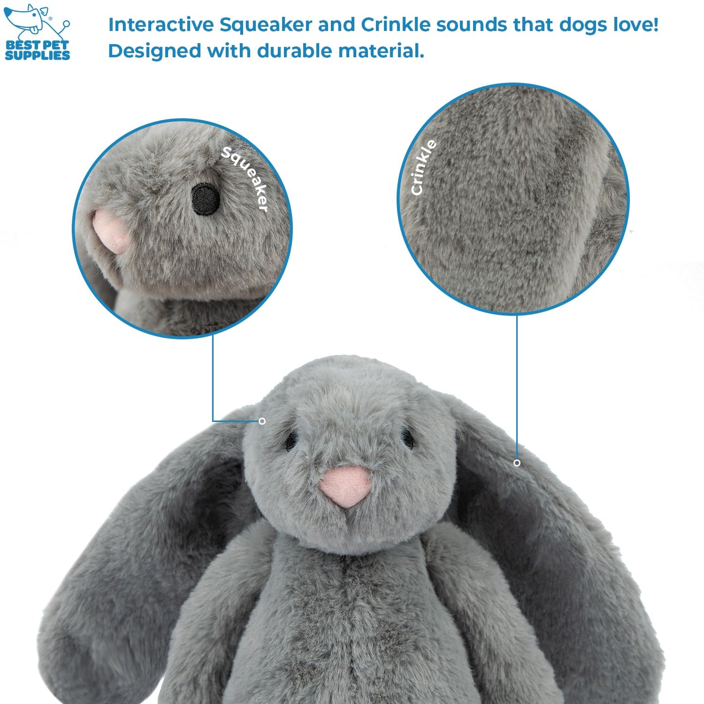 Best Pet Supplies Interactive Bunny Buddy Dog Toy with Crinkle and Squeaky Enrichment for Small and Medium Breed Puppies or Dogs, Cute and Plush - Bunny (Gray)