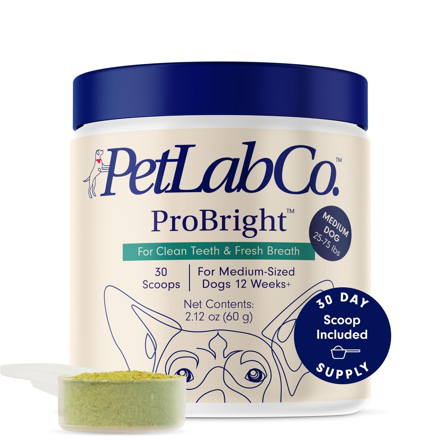PetLab Co. ProBright Dental Powder - Dog Breath Freshener - Teeth Cleaning Made Easy – Targets Tartar & Bad Breath - Formulated for Medium Size Dogs - Packaging May Vary