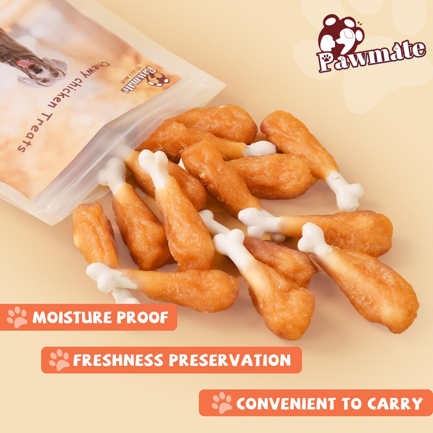Pawmate Dog Treats Chicken Wrapped Calcium Bone, Rawhide-Free Grain-Free Training Treats for Dogs Teeth Cleanning Breath Fresh Dog Chewy Snacks for Medium Large Dogs 10.6 oz, 18-19 Counts