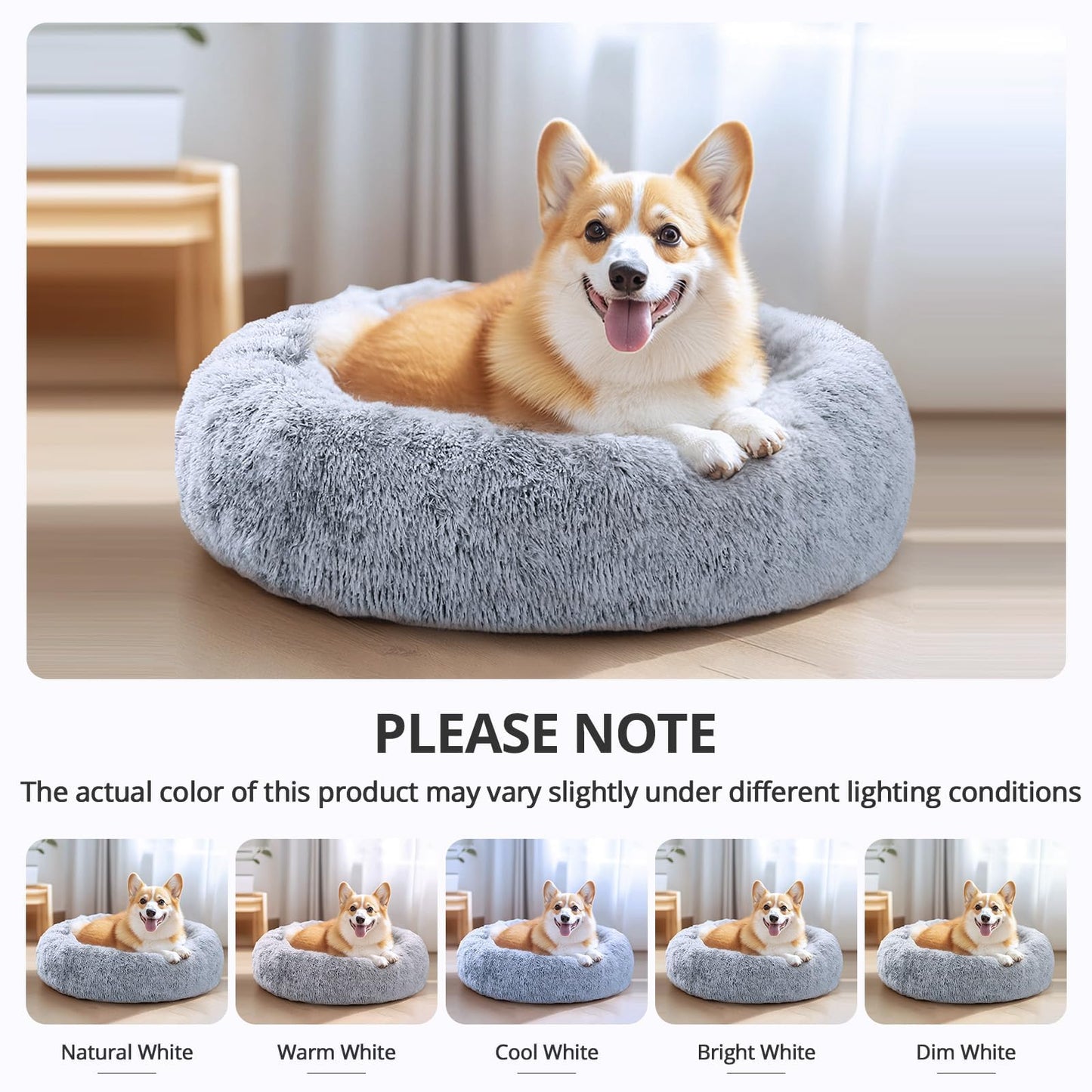 JOLLYVOGUE Calming Dog & Cat Bed for Small Dogs, Anti-Anxiety Donut Cuddler Cozy Soft Round Bed with Anti-Slip Bottom, Fluffy Faux Fur Plush Cushion Beds for Small Medium Dogs, 23"/Smoke Gray