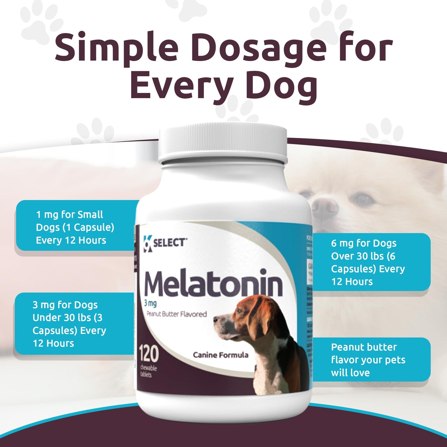 K9 Select Melatonin for Dogs - Calming Aid - Adrenal Support Sleep Aid - Reduce Stress, Pet Melatonin Treats for Medium Sized - 3 mg, 120 Peanut Butter Flavored Tablets