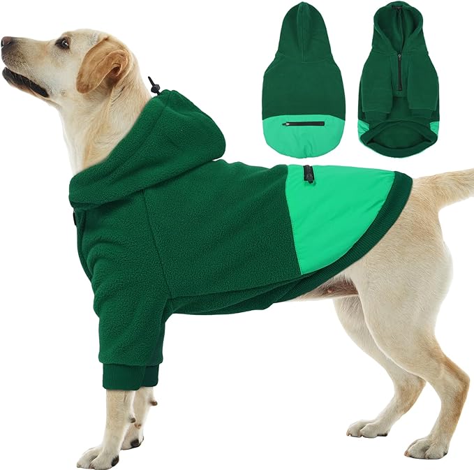 Nanaki Dog Hoodies for Large Dogs Sweatshirt with Pocket-Warm Fleece, Long sleeves adjustable zip collar-Comfort Pet Sweater for Labrador, Large Sweatshirt Winter Coat for Fall Winter Spring Green 2XL