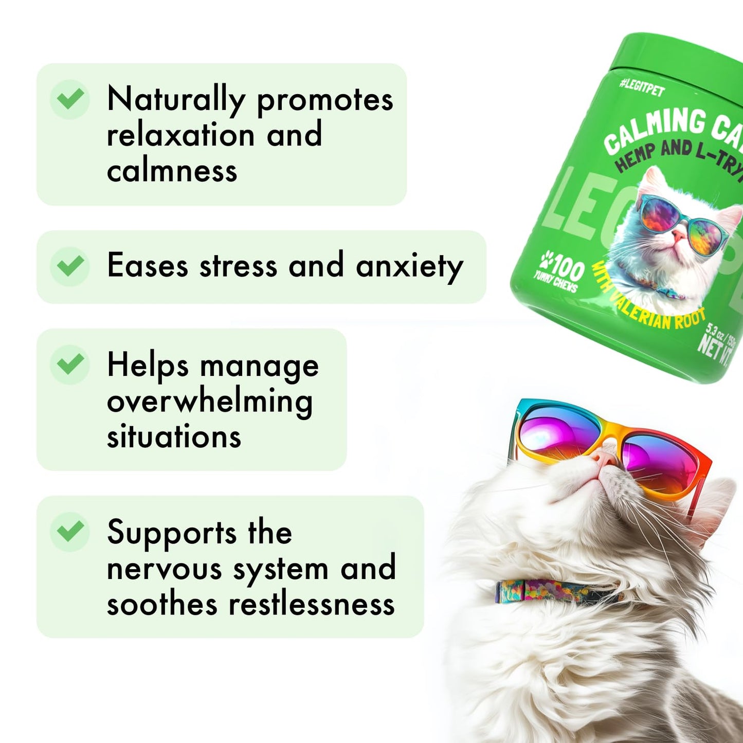 LEGITPET Cat Calming Treats Natural Anxiety Relief for Indoor Cats Stress & Travel Storm Separation Support Helps with Vet Visits, Grooming & Loud Noises Soothing Behavior Aid 100 Yummy Chews