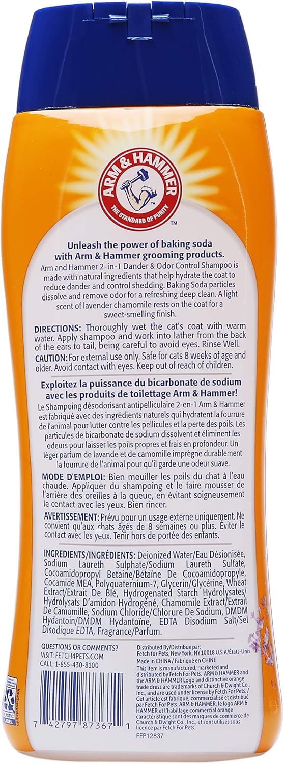 Arm & Hammer 2-in-1 Deodorizing & Dander Reducing Shampoo for Cats - Cat Dander Remover, Removes Cat Odors - Baking Soda Moisturizes and Deodorizes, Lavender Chamomile Scent, 20 Fl Oz - 2 Pack