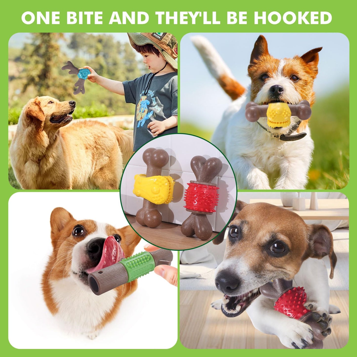 Durable Dog Chew Toys for Large Dogs - Tough Bone-Shaped Dental Chew with TPR Rubber & Wood Fiber, Teething & Aggressive Chewer Toys for Medium/Large Breed, Long-Lasting Teeth Cleaning (4 Pack Set)