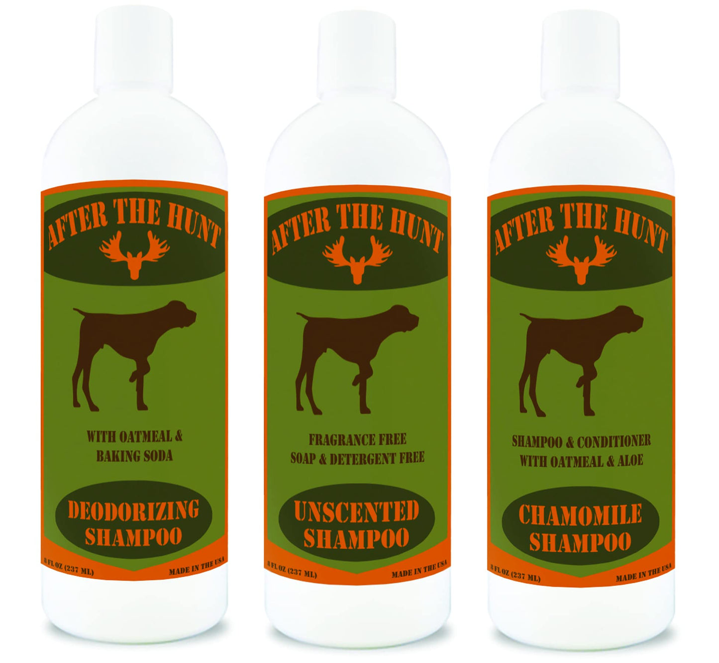 After The Hunt Complete Hunting Dog Shampoo System - 3 Pack - Unscented - Chamomile & Oatmeal - Deodorizing - 8 oz Each