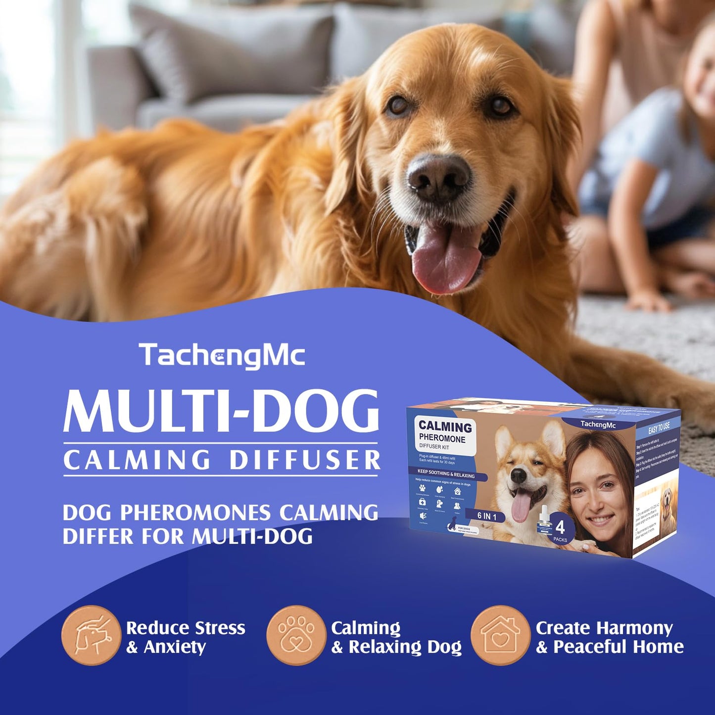 Dog Calming Pheromones Diffuser, 6 in 1 Kit Appeasing Pheromone Diffuser to Calm Dogs, Dog Anxiety Relief Lasting 120 Days with 2 Diffuser + 4 48ml Refill