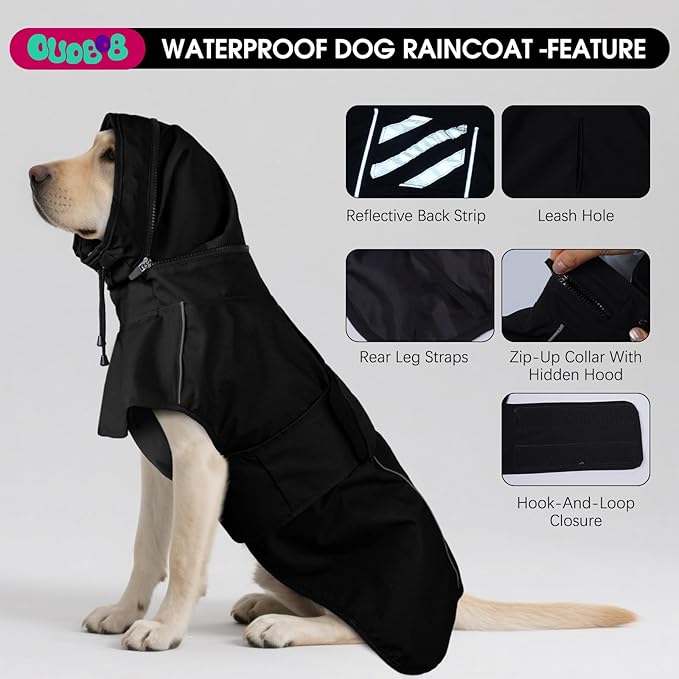 Dog Raincoat For Medium Dogs, Waterproof Adjustable Dog Rain Jacket With Hood, Leash Hole, Lightweight Reflective Poncho for Rain, Snow, Windy Weather & Outdoor Walks, Camping, Hiking - Black M