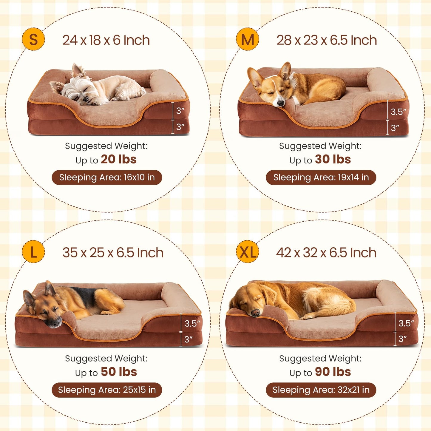 DUMOS Orthopedic Memory Foam Dog Bed with Bolster–Washable Cover, Waterproof Liner & Non-Slip Bottom, Supportive Pet Sofas, Brown