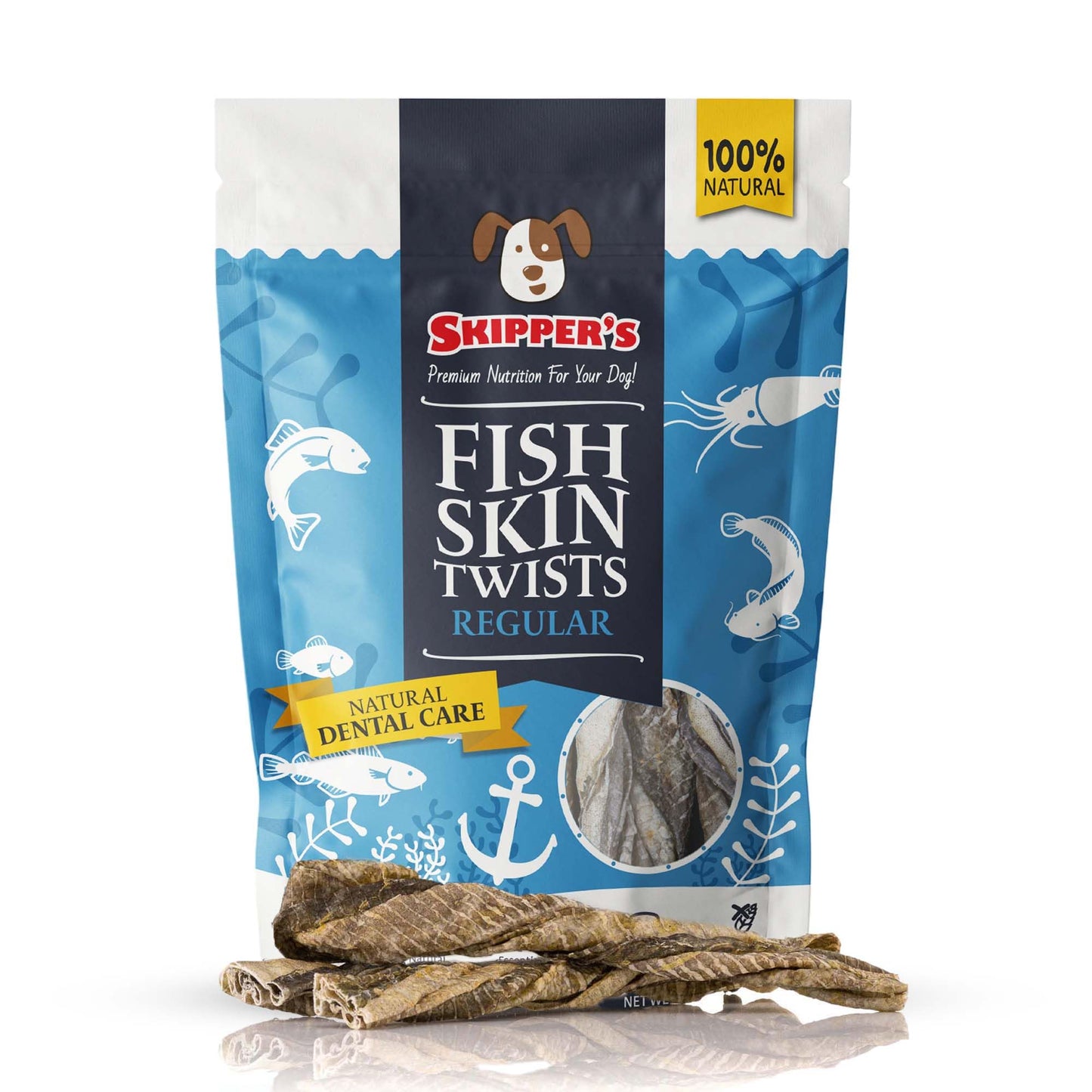 SKIPPER'S Cod Fish Skin Twists Dog Chews - 100% Fish Skin Grain Free Treats for Dogs, High in Protein & Low in Fat, Essential Omega 3 Oils | Great for Teeth (Regular, 8.82 Oz)
