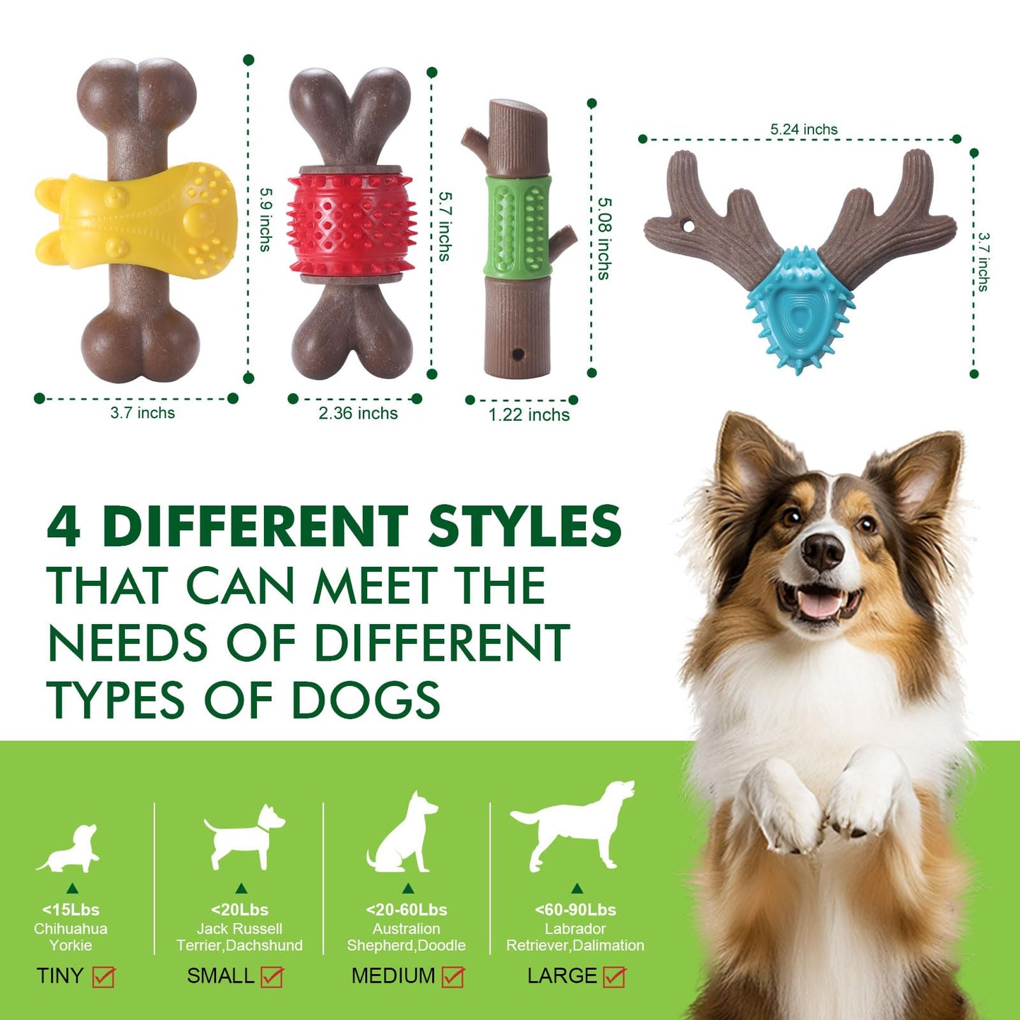 Durable Dog Chew Toys for Large Dogs - Tough Bone-Shaped Dental Chew with TPR Rubber & Wood Fiber, Teething & Aggressive Chewer Toys for Medium/Large Breed, Long-Lasting Teeth Cleaning (4 Pack Set)