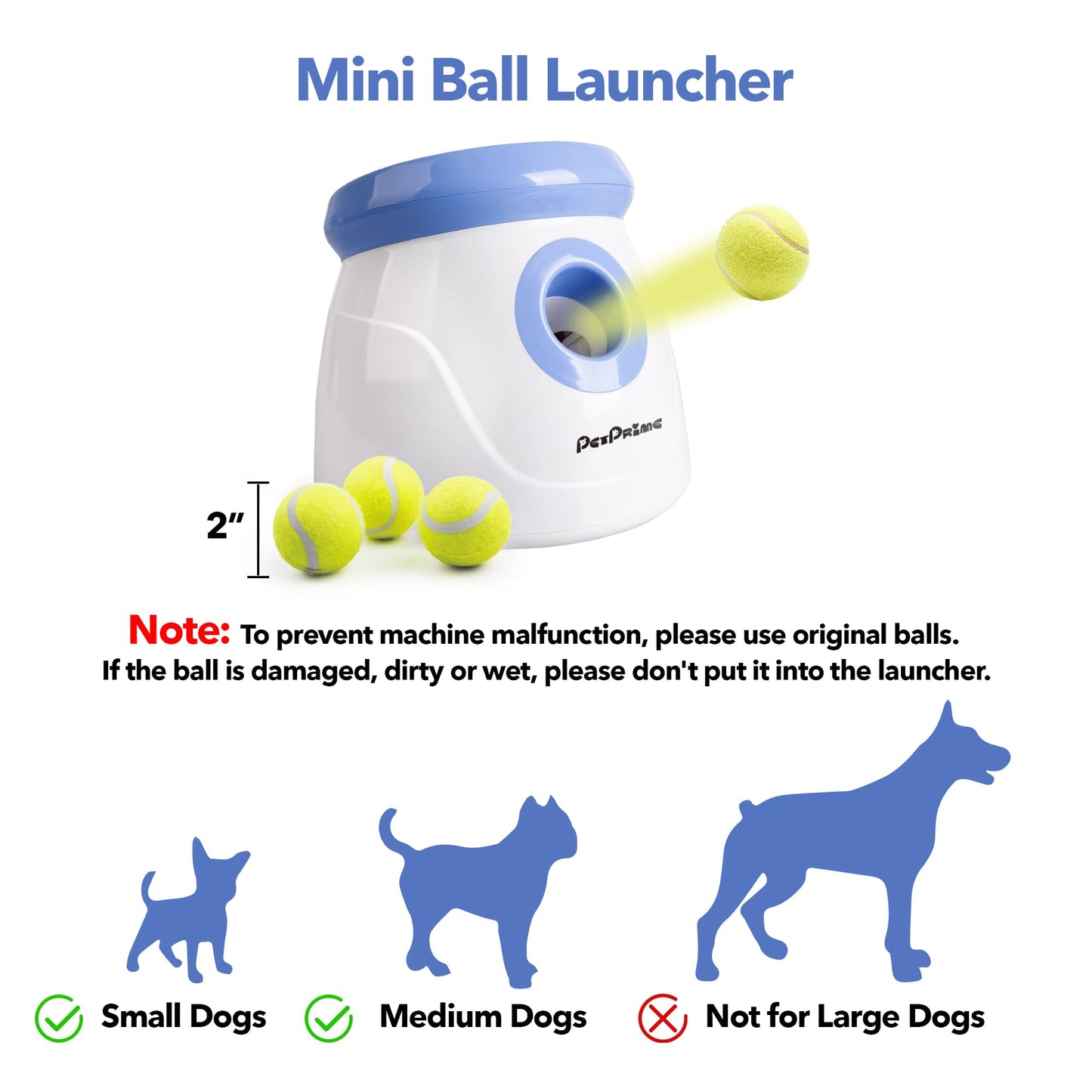PetPrime Dog Automatic Ball Launcher Dog Interactive Fetch Toy Pet 2'' Thrower Throwing Game 3 Tennis Balls Tennis Mini Size Ball Launcher for Dogs Included Launch Distance 10-30ft