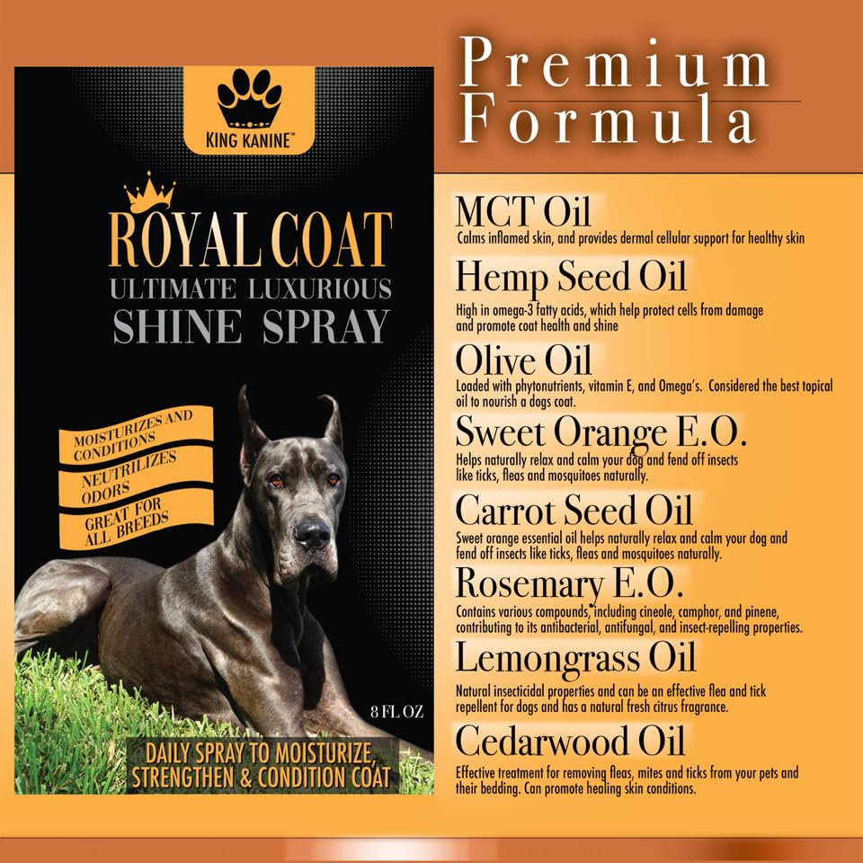 King Kanine Coat Shine Dog Spray - Royal Coat Dog Spray Deodorizer Perfume - Premium Moisturizing Coat and Shine Spray - Promotes Soft Healthy Skin - 8oz