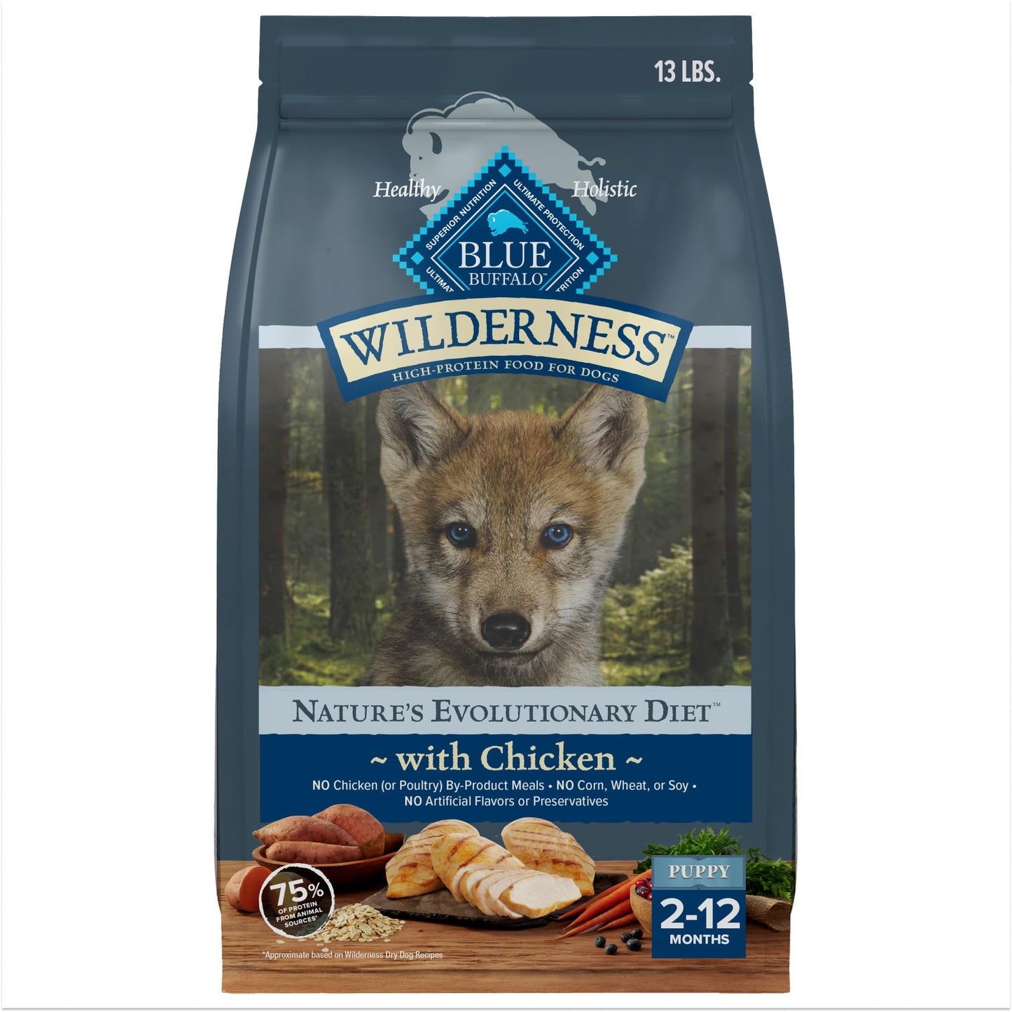 Blue Buffalo Wilderness Puppy High Protein Dry Dog Food With Real Chicken Plus Wholesome Grains, Made in the USA with Natural Ingredients, Chicken, 13-lb. Bag