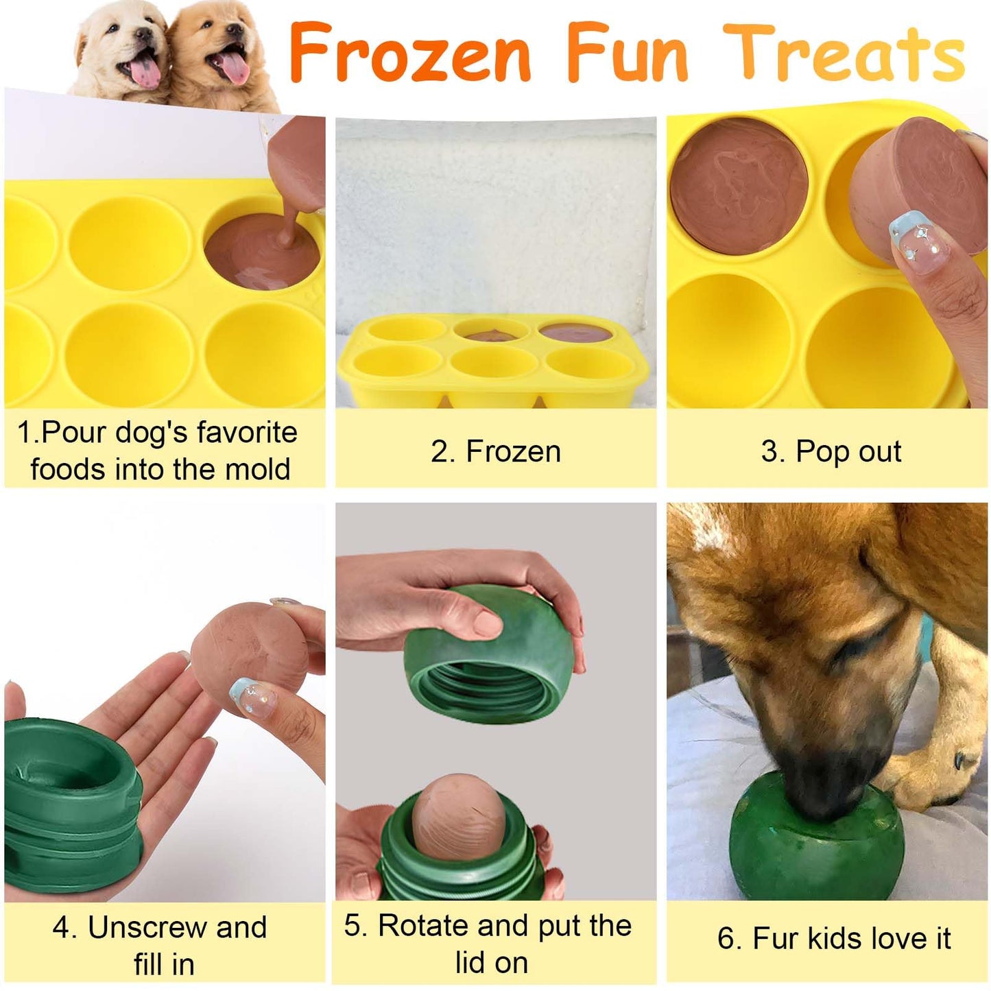 BABORUI 6 Cavities Silicone Dog Treat Molds for Woof Pupsicle & Power Chewer Pupsicle Large 25-75lbs, Reusable Frozen Dog Treat Molds for Making Puppy Favorite Freeze Refill Ice Popsicle Treats (L)