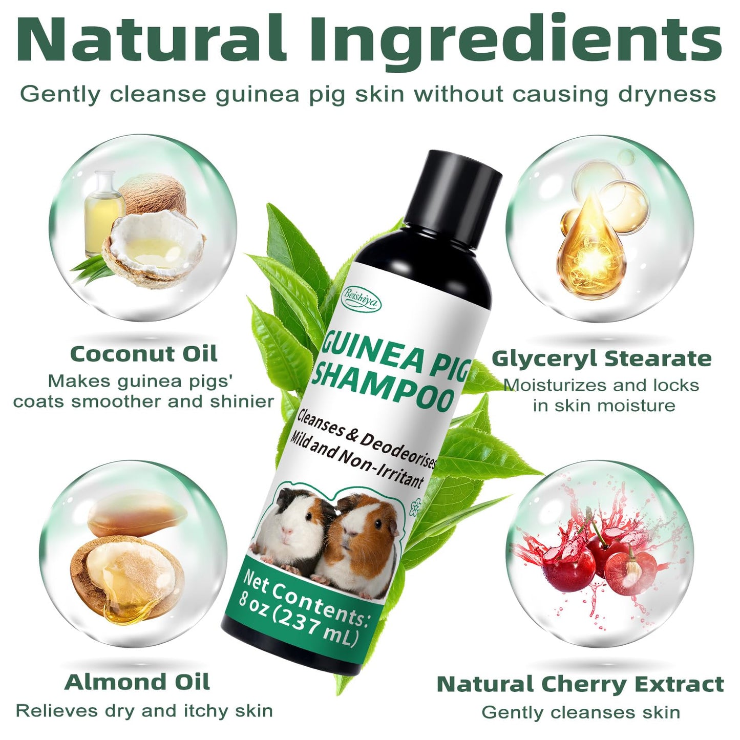 Guinea Pig Shampoo 8 oz - Naturally Effective Shine Skin & Coat Formula - NO Fragrance, Hypoallergenic, Relieves Dry, Itchy Skin, Eliminates Odors
