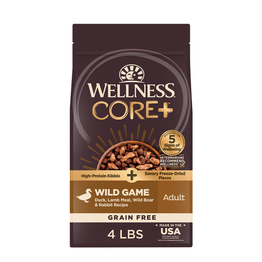 Wellness CORE+ (Formerly RawRev) Natural Grain Free Dry Dog Food, Wild Game Duck, Wild Boar & Rabbit with Freeze Dried Lamb, 4-Pound Bag