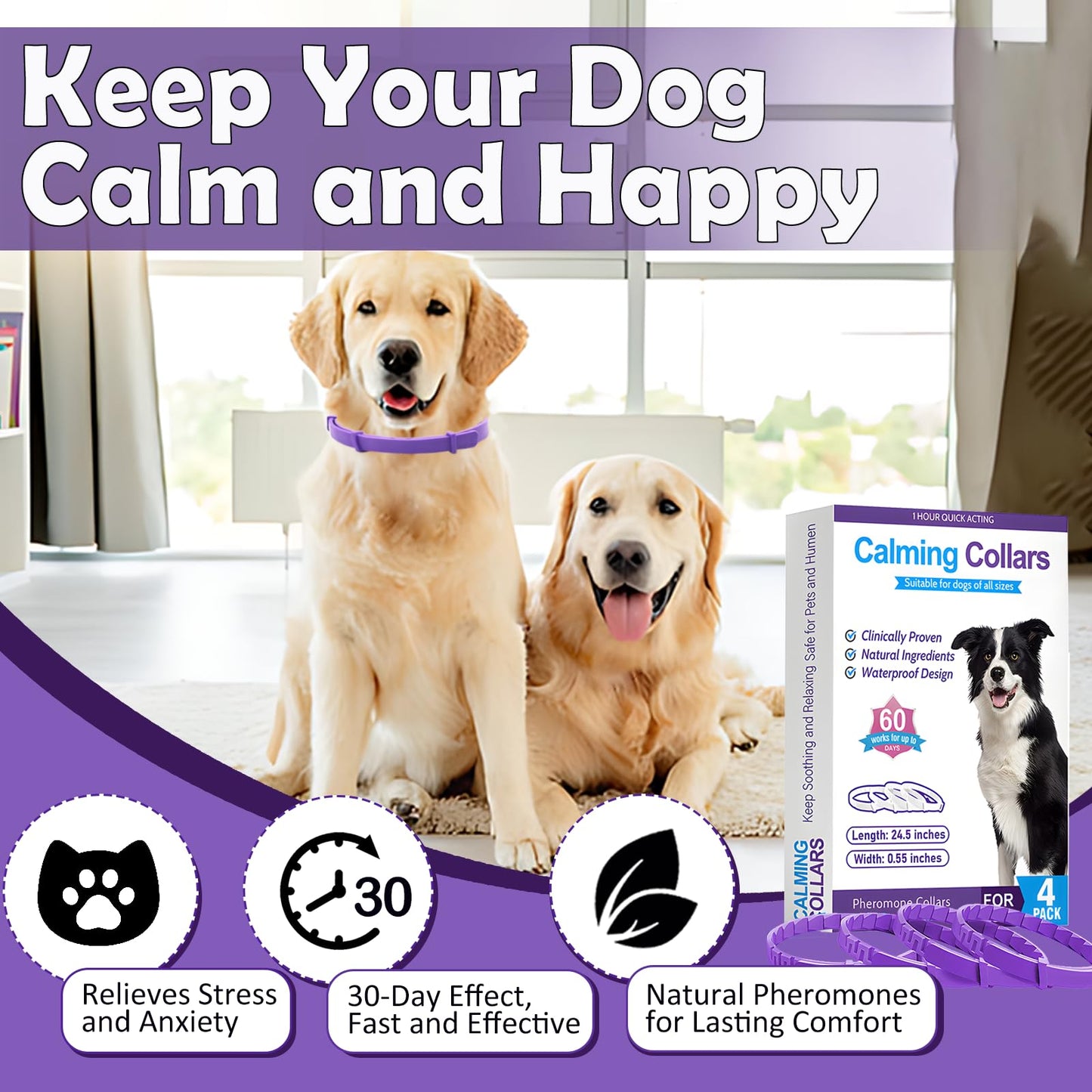 Lintriguingly Calming Collars for Dogs - 4 Packs，Dog Calming Collar Relief for Anxiety, Stress & Separation, Adjustable 25 Inch Size, Anxiety Collar for Dogs, Lasts 60 Days