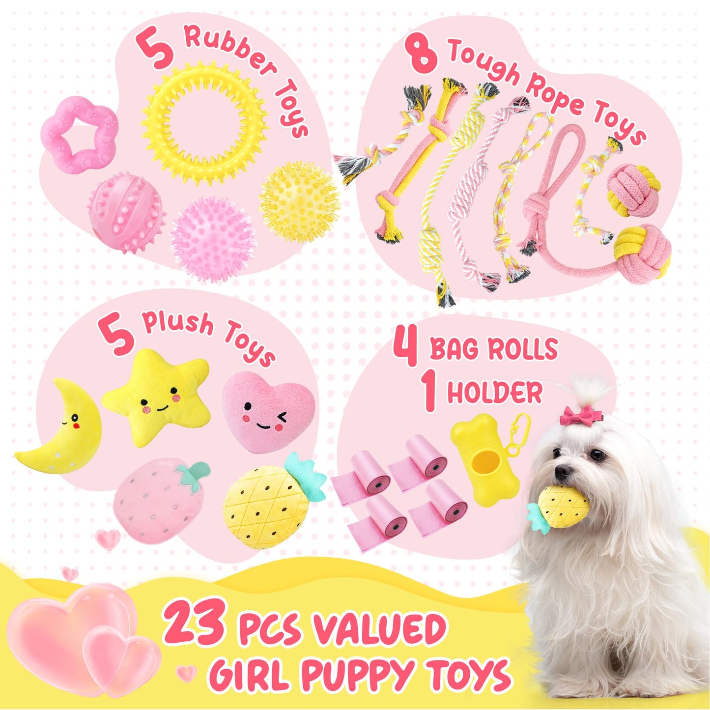 XIUGOAL Pink Puppy Toys for Teething - 23 Pack Puppy Chew Toys for Boredom, Interactive Dog Toys for Puppies, Cute Small Dog Toys with Treat Ball, Squeaky Dog Chew Toys and Ropes