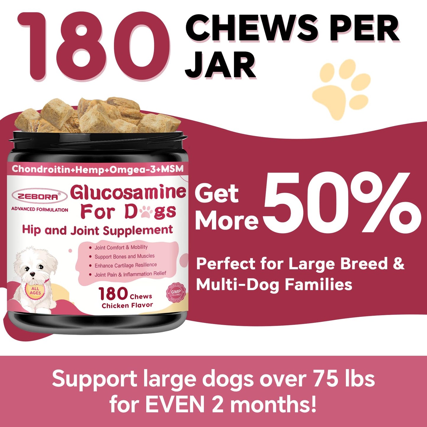 Glucosamine for Dogs - Joint Supplement for Dogs with Chondroitin, MSM, Omega 3, Hemp, Turmeric for Dog Joint Pain Relief, Dog Joint Supplement with Calcium Support Cartilage & Bone Health, 180 Chews