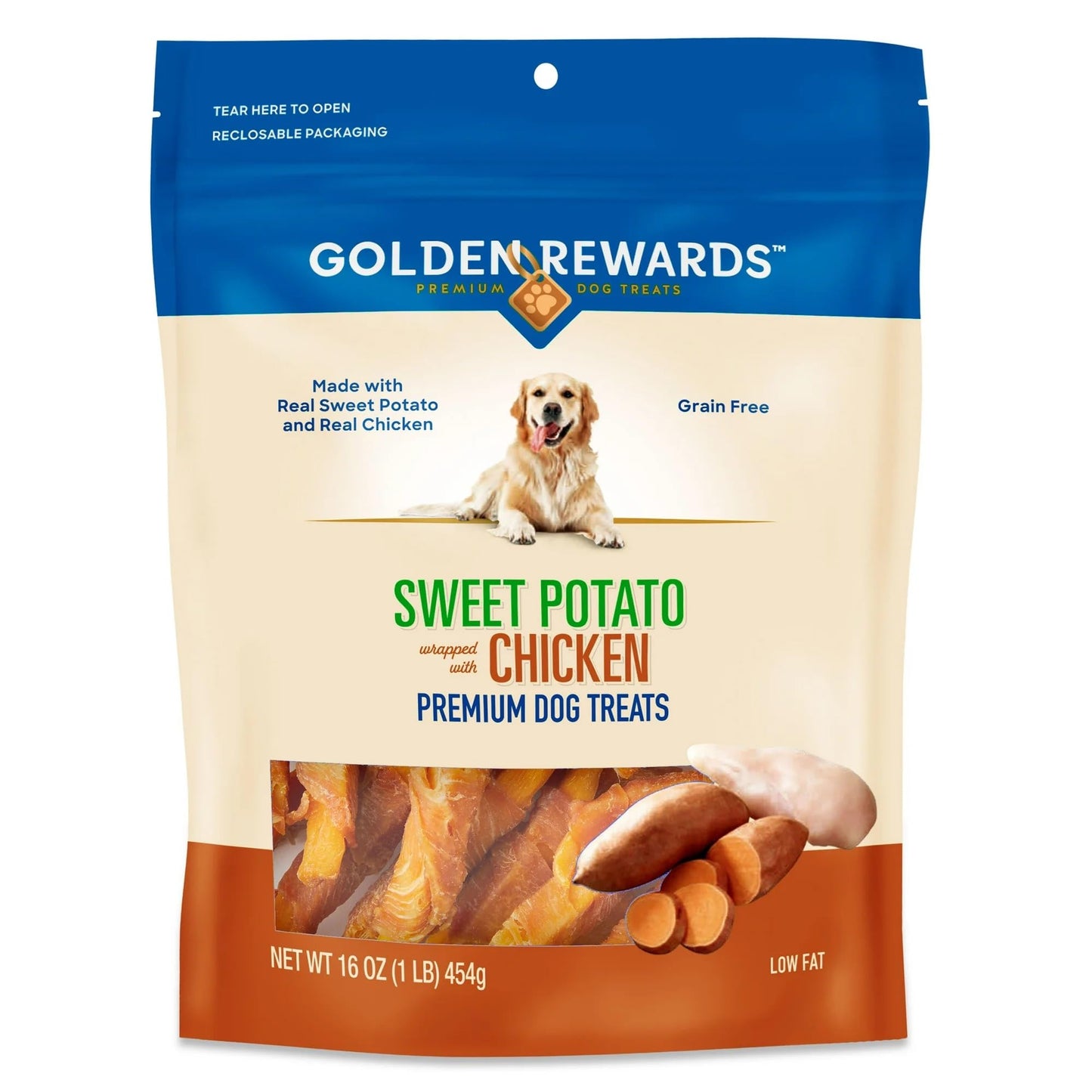 Golden|Rewards Dog Treats, Sweet Potato Wrapped with Chicken, 16 oz, Natural Chews for All Dog Sizes, Real Chicken Breast, Grain-Free, Low Fat, Great for Training, Healthy Daily Snack