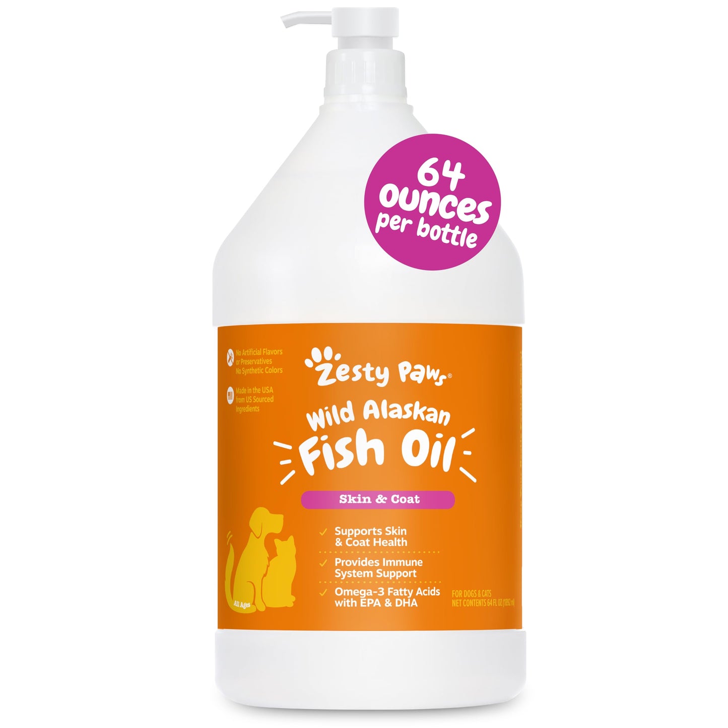 Zesty Paws Wild Alaskan Fish Oil for Dogs & Cats - Pollock & Salmon Oil Blend - Omega 3 Fatty Acids EPA & DHA for Pets - for Sensitive Skin + Coat Health - Immune System Support - 64 fl oz
