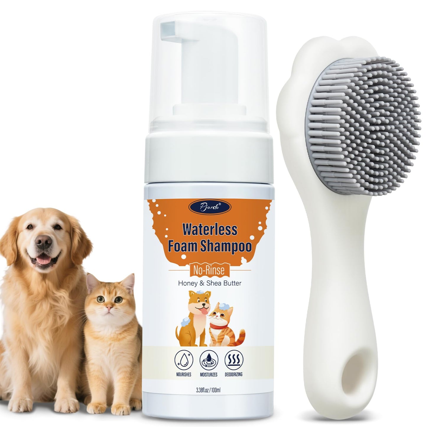 Pjordo Pet Waterless Shampoo with Brush, Dry Shampoo for Dog & Cats, No Rinse Foam Formula for Quick Clean Between Bath, Detangling, Deep Cleansing, Reduce Itchy Skin Shedding & Odor Control
