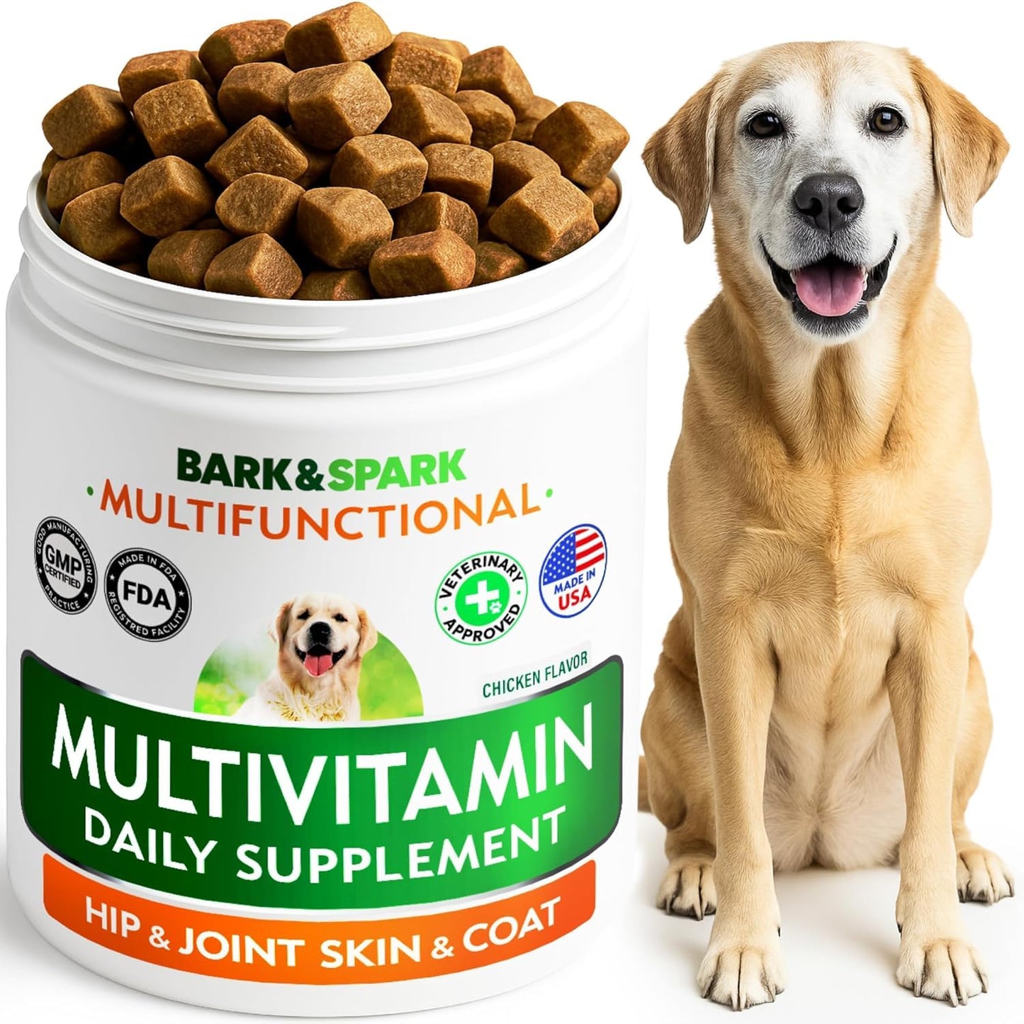 BARK&SPARK Dog Vitamins & Supplements - Multivitamin Chewable Treats for Dogs - Glucosamine Chondroitin for Joint Support + Omega for Skin & Coat + Probiotics - Multi Vitamin for Pets Health - 120Ct