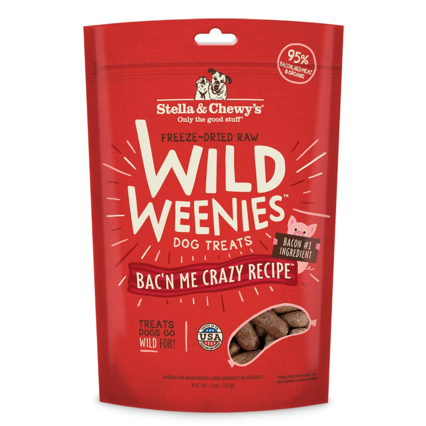Stella & Chewy's Freeze-Dried Raw Wild Weenies Dog Treats - High-Protein Training Treats for Dogs & Puppies - All-Natural Bacon Recipe with 95% Meat & Organs - USA Made - 11 oz Bag