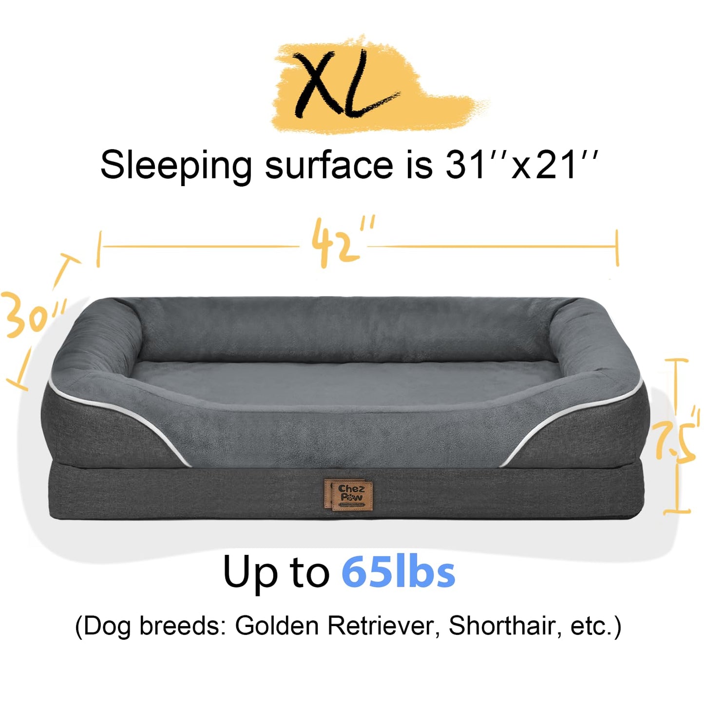 Washable Orthopedic Large Dog Bed - Removable Orthopedic Foam Dogs Beds with Bolsters Waterproof Large Dog Bed and Non-Slip Bottom Extra Large Dogs Beds Sofa