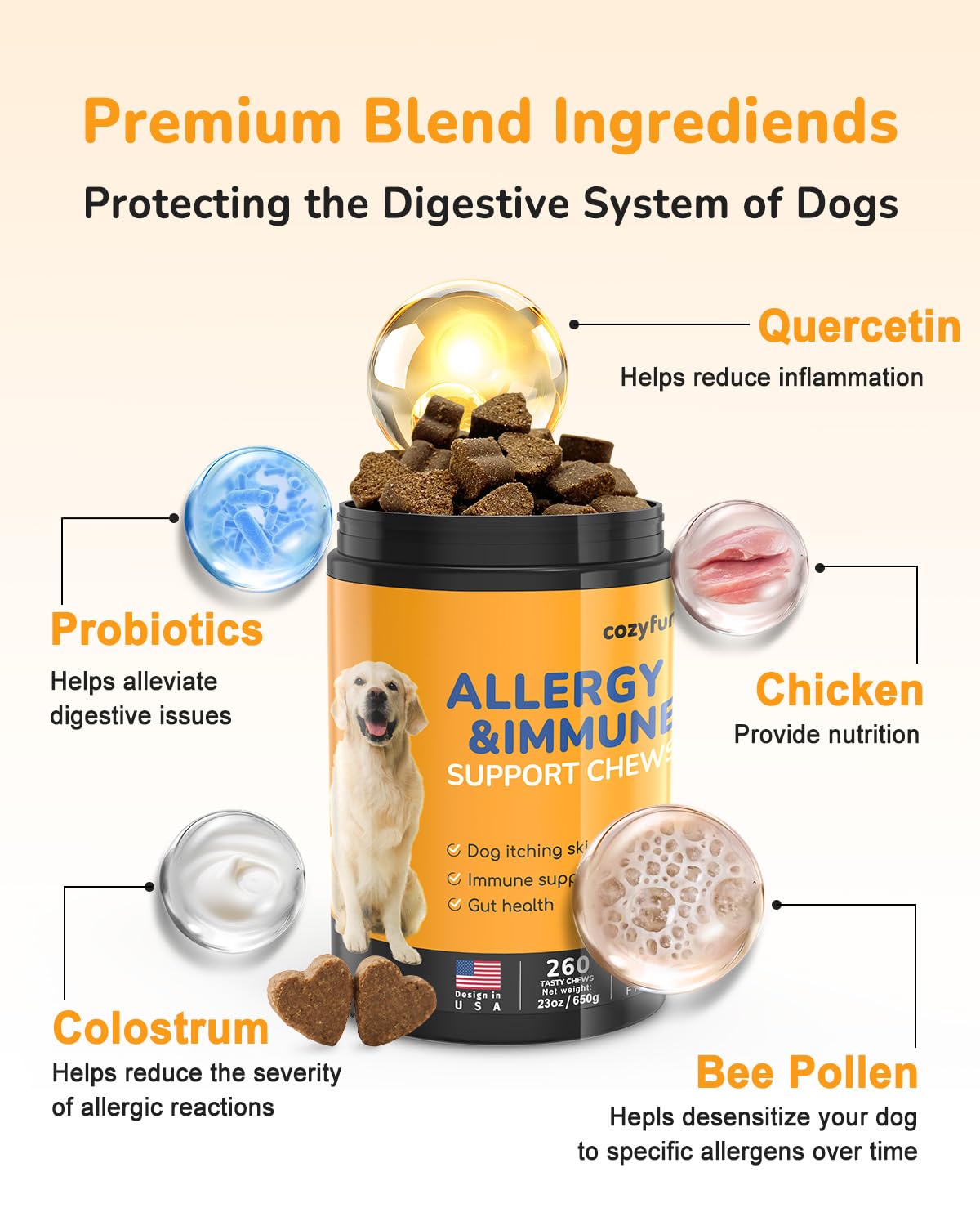 Dog Allergy Chews 260Ct - 23oz Dog Supplements for Itchy Skin and Paw Licking, USA Lab Formula with Probiotics, Natural Allergy Immune Support for Dogs