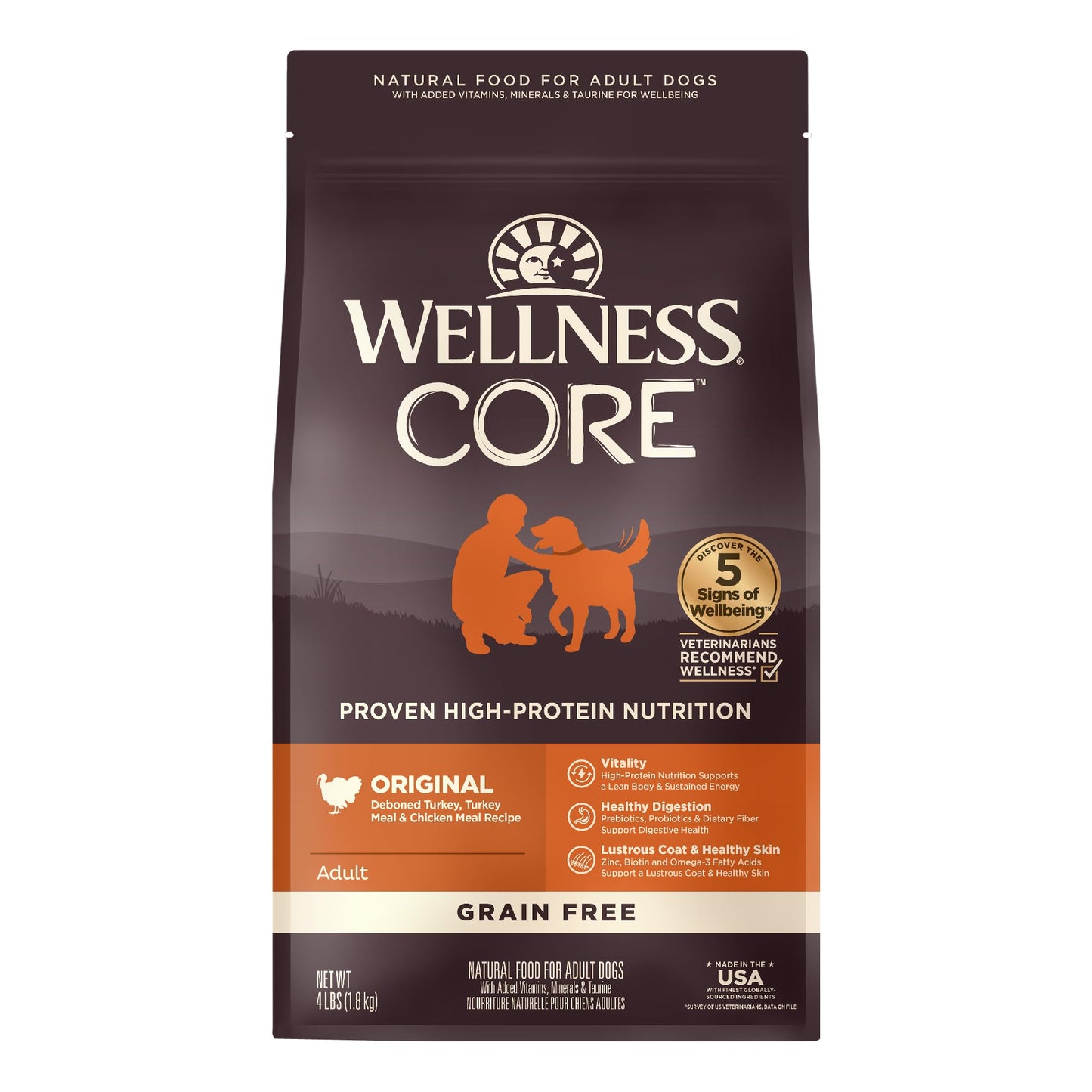Wellness CORE Grain-Free High-Protein Dry Dog Food, Natural Ingredients, Made in USA with Real Meat, All Breeds, For Adult Dogs (Original Turkey & Chicken, 4-Pound Bag)