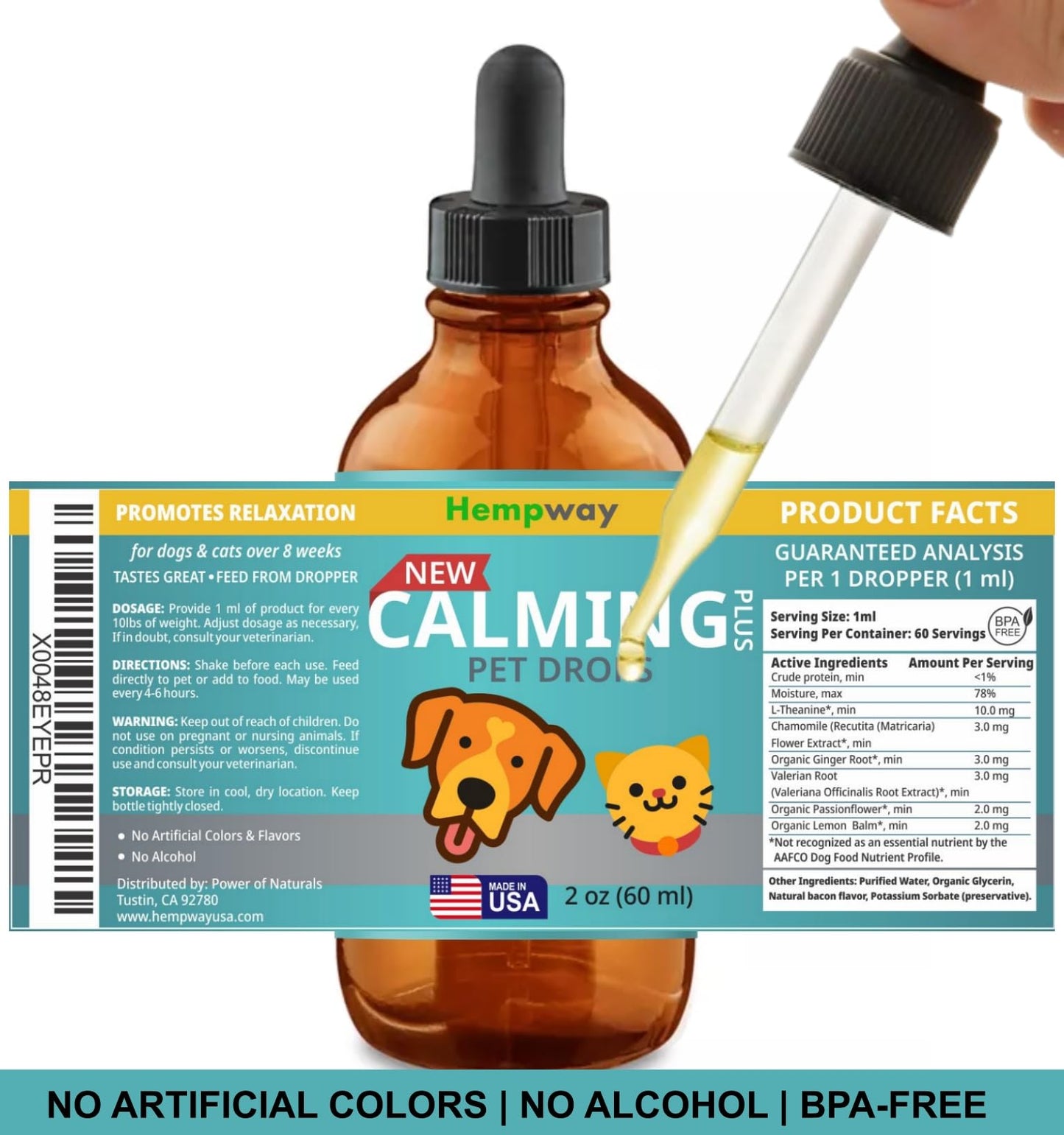HEMPWAY Dog Cat Calming Drops Organic Made in USA | Anti-Separation Natural Dog Cat Calming Formula for Well-Being and Comfort | Bacon Flavor 4 oz (120 ml) - 120 Servings