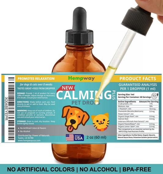 HEMPWAY Dog Cat Calming Drops Organic Made in USA | Anti-Separation Natural Dog Cat Calming Formula for Well-Being and Comfort | Bacon Flavor 4 oz (120 ml) - 120 Servings