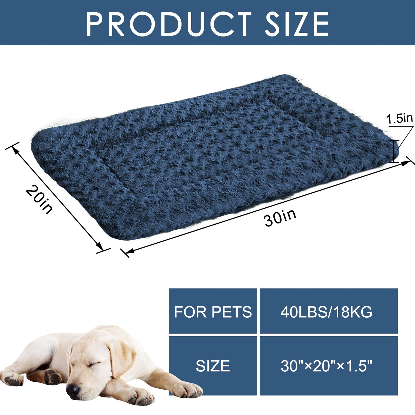 WITTOP Washable Dog Bed Plush Orthopedic Outdoor Crate Mat with Non-Slip Bottom,Luxe Soft Kennel Pad for Pets, Cozy Cage Cushion & Pet Sleeping Mattress Large Sized,Medium,Small Dogs,30 x 20 inch,Blue