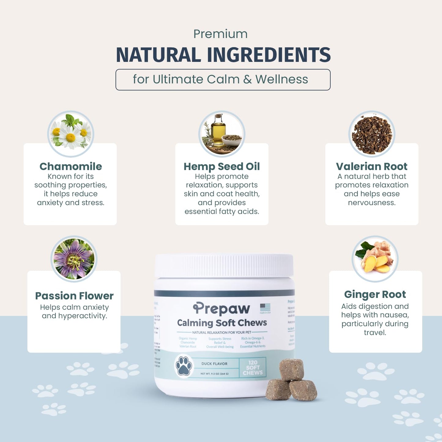 Prepaw Calming Hemp Soft Chews for Dogs - Natural Calming Treats with Organic Hemp Seed Oil, Chamomile, Valerian Root & Passion Flower - Anxiety & Stress Relief Bites | USA Made, 120 Soft Chews