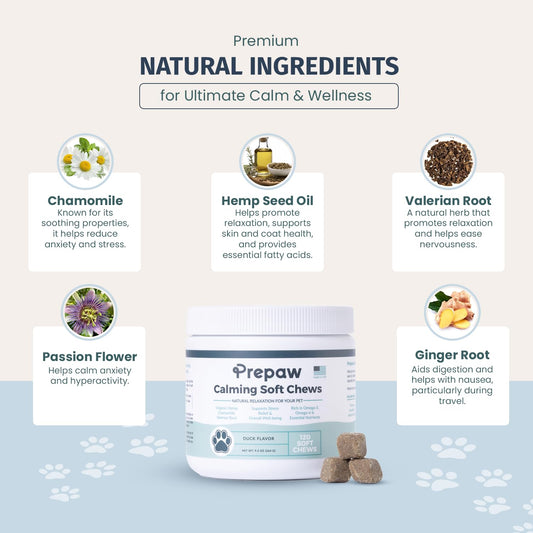 Prepaw Calming Hemp Soft Chews for Dogs - Natural Calming Treats with Organic Hemp Seed Oil, Chamomile, Valerian Root & Passion Flower - Anxiety & Stress Relief Bites | USA Made, 120 Soft Chews