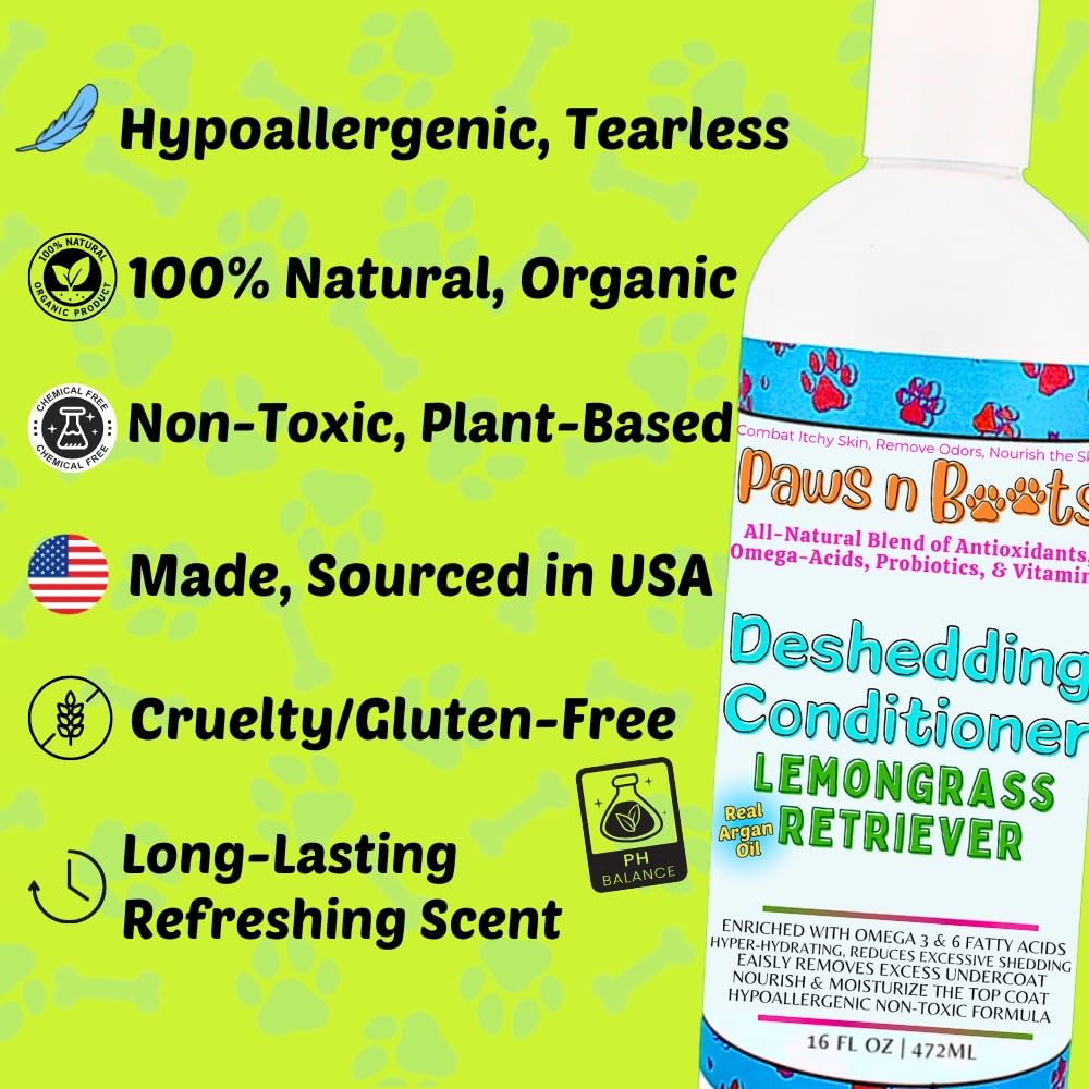 Deshedding Conditioner Omega Fatty Acids 3 6 9. Real Argan Oils All-Natural, Organic, & Non-Toxic to Pets Condition, Hydrate, & Nourish the Coat. Hypoallergenic, Tearless, Control Odor Made in USA Lemongrass