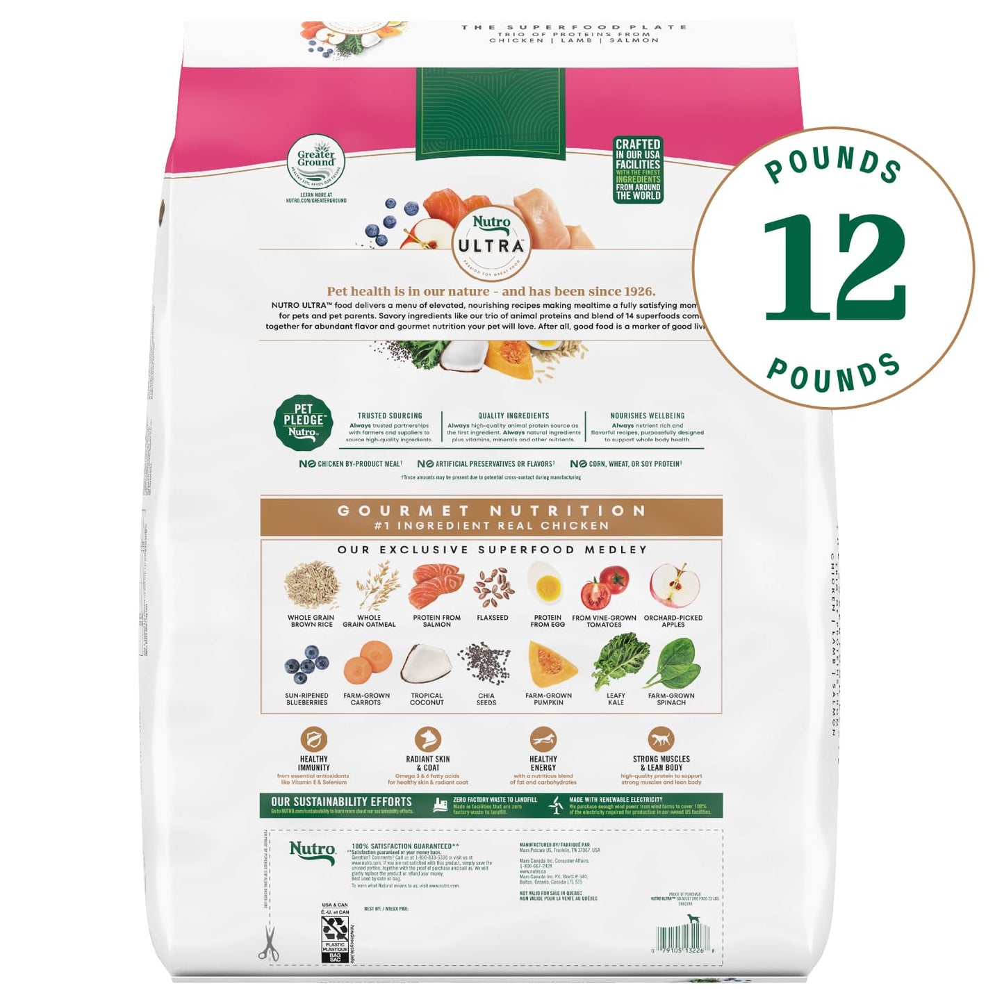 Nutro Ultra Adult Weight Management Small Breed Dry Dog Food, Chicken, Lamb and Salmon Protein Trio, 12 lb Bag