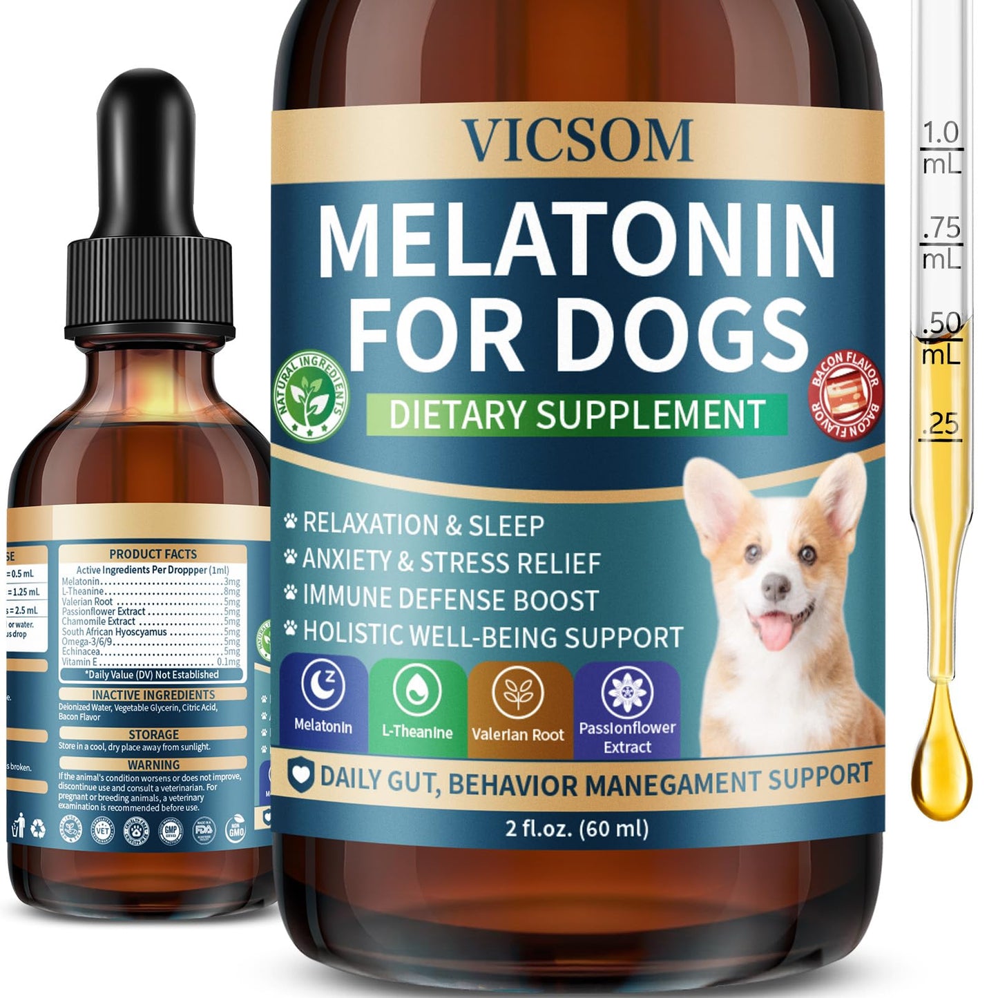 Liquid Melatonin for Dogs, Dog Melatonin with L-Theanine for Small Medium Large Dog Sleep Aid, Stress & Anxiety Relief, Calm Aid for Dogs Puppies, Support Relaxation & Deep Sleep, 60ml