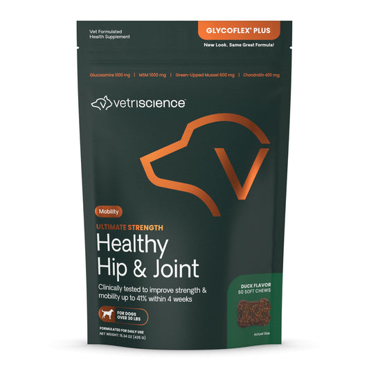VetriScience Ultimate Strength Healthy Hip & Joint Chews, GlycoFlex Glucosamine, Chondroitin and Green-Lipped Mussel Joint Support Supplement for Dogs, Soothe Joint Discomfort, Duck, 60 Count