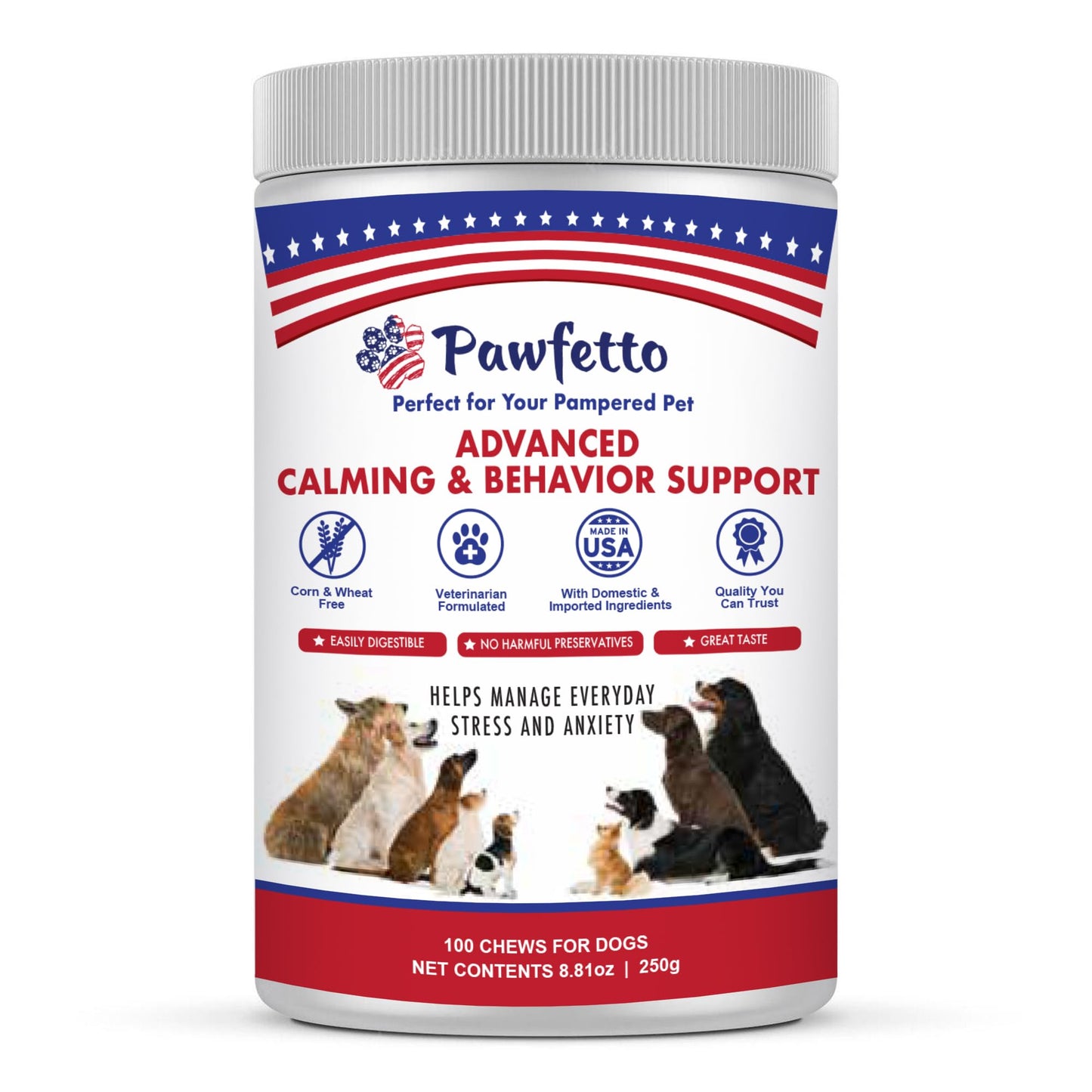 Pawfetto Advanced Calming & Behavior Support for Dogs, Stress and Anxiety Relief Treats, Thiamine, L-Tryptophan & L-Theanine, Help Relieve Stress from Separation, Storms, Fireworks & Travel, 100Ct