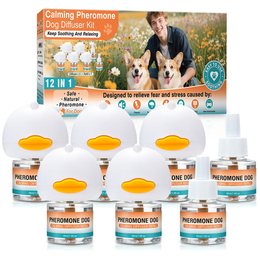 Dog Calming Pheromones Diffuser to Calm Pet 12 In 1 Advanced Kit Appeasing Pheromone Diffuser for Anxiety Relief (5 Plug in+7 Pack 48ml Refill) Reduce Aggression Fighting Barking Stress (Tasteless)