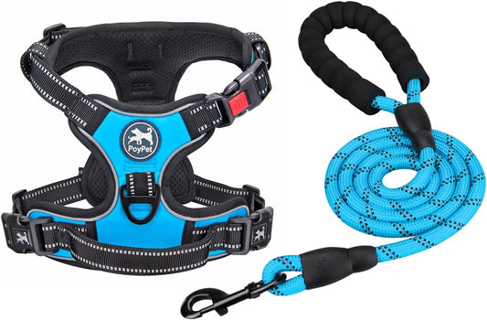 PoyPet Dog Harness and Leash Combo, Escape Proof No Pull Vest Harness, with 5 Feet Leash, Reflective Adjustable Soft Padded Pet Harness with Handle for Small to Large Dogs(Blue,M)
