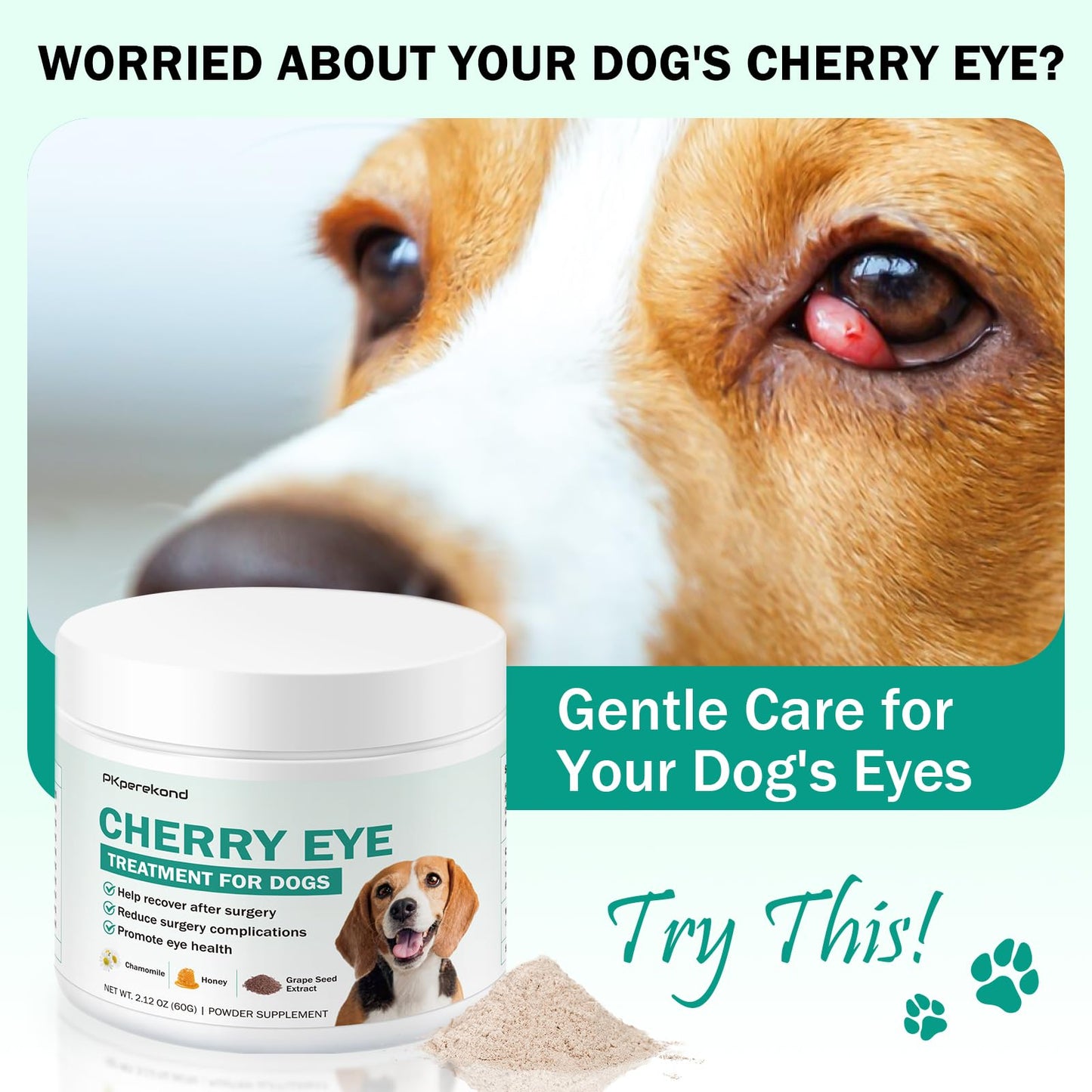 Cherry Eye Treatment for Dogs, Dog Eye Supplements for Recovery After Surgery, Reduces Redness and Swelling, Enhances Immunity, Improve Eye Health with Chamomile, Honey Powder, Grape Seed Extract