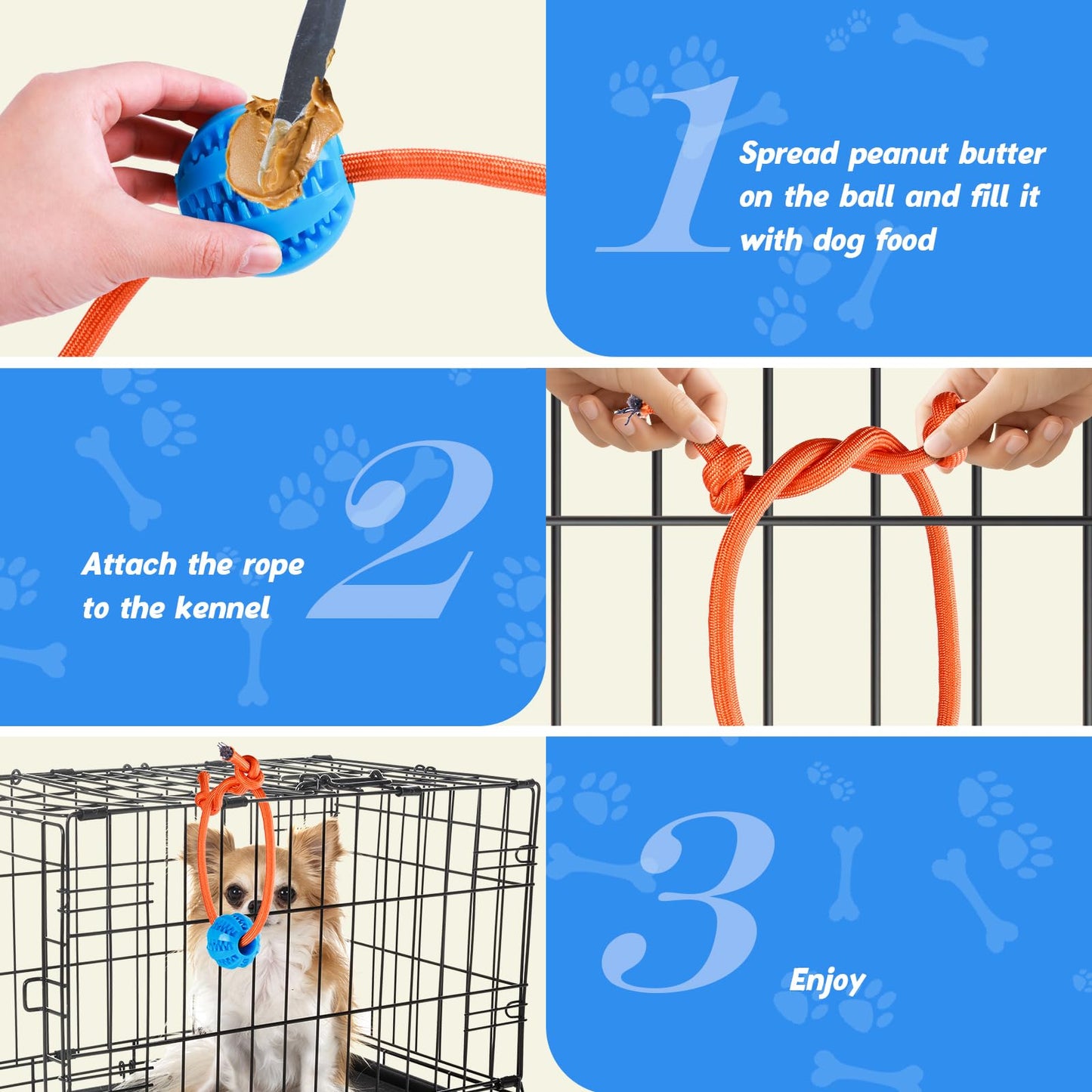 MVSSP Engaging Chew Toys for Dogs - Puppy Crate Training Aids, Puzzle Treat Dispenser with Rope Ball for Reducing Stress and Anxiety, Compatible with Peanut Butter Treats (Blue)