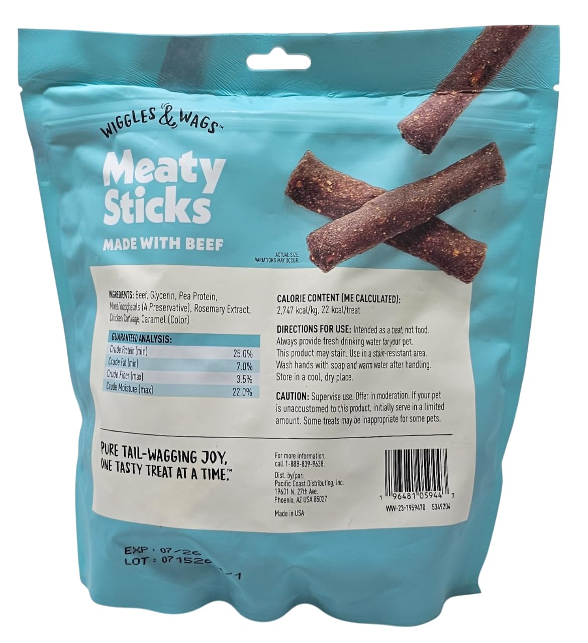 Wiggles & Wags Beef Meaty Sticks Dog Treats, 1 Pound Bag