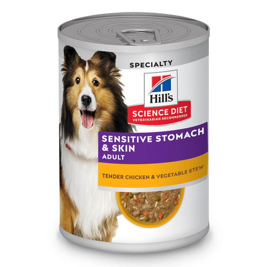 Hill's Science Diet Sensitive Stomach & Skin, Adult 1-6, Stomach & Skin Sensitivity Support, Wet Dog Food, Chicken & Barley Stew, 12.5 oz Can, Case of 12