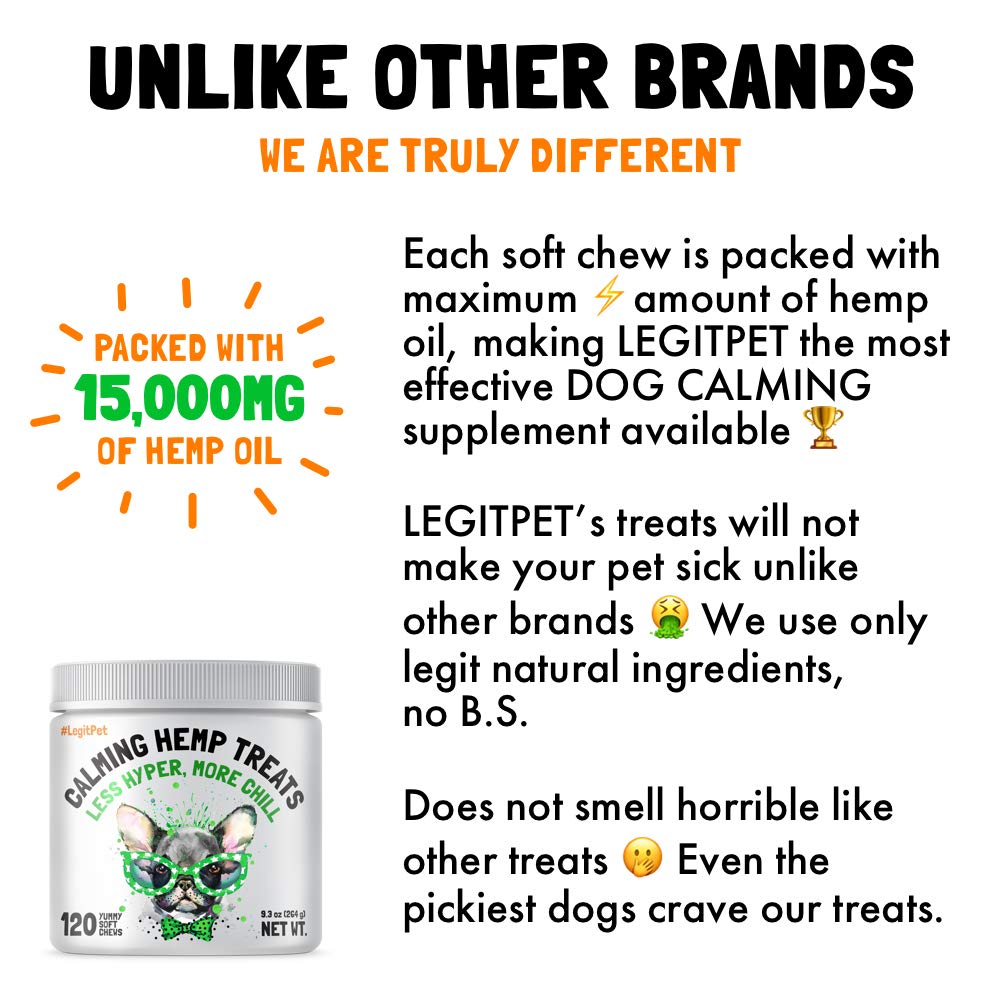 Calming Hemp Treats for Dogs Made in USA Organic Hemp Natural Separation Aid Helps Barking, Chewing, Thunder, Fireworks, Aggressive Behavior Soothing Stress Relief Natural Relaxation 120 Chews