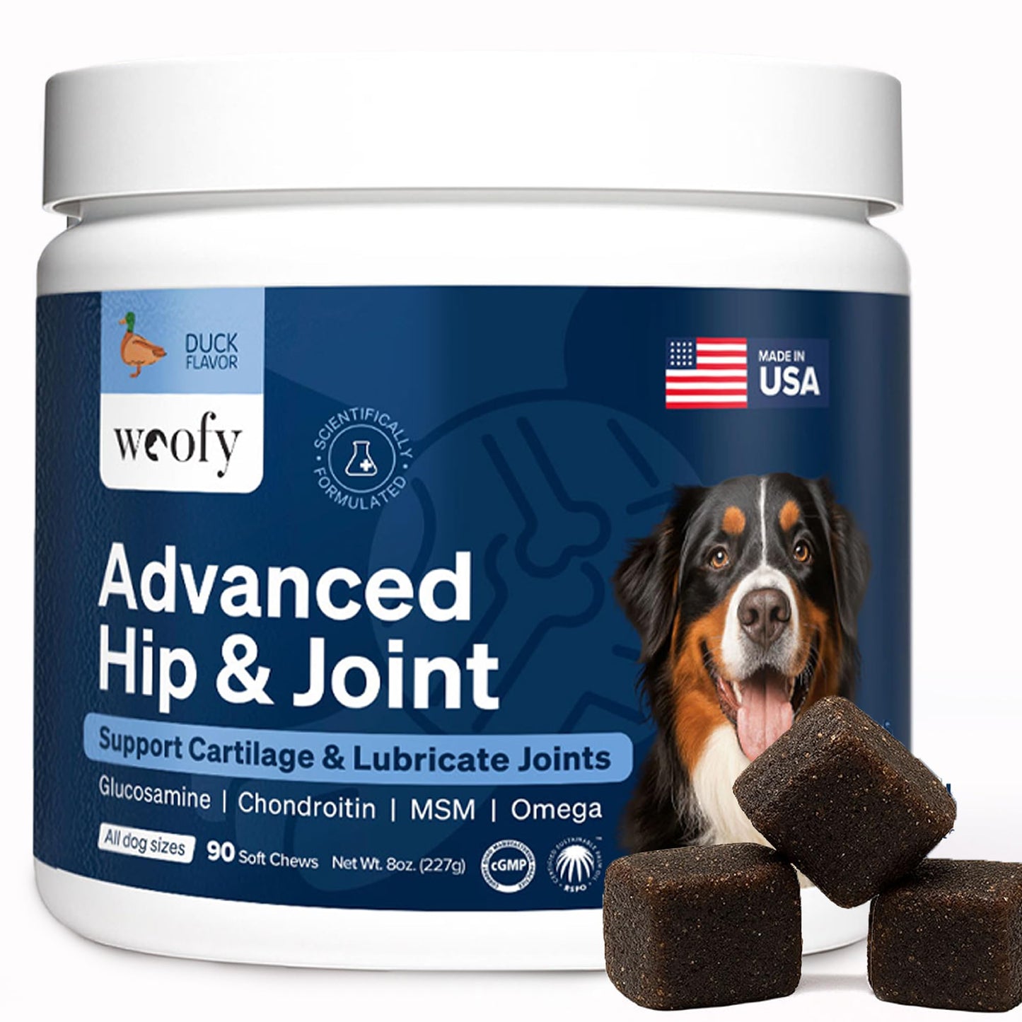 Woofy Advanced Strength Hip & Joint Health Supplement for Dogs - with Glucosamine, Chondroitin, MSM and Omega 3, 90 Flavored Chews for Small and Medium Dog Breeds